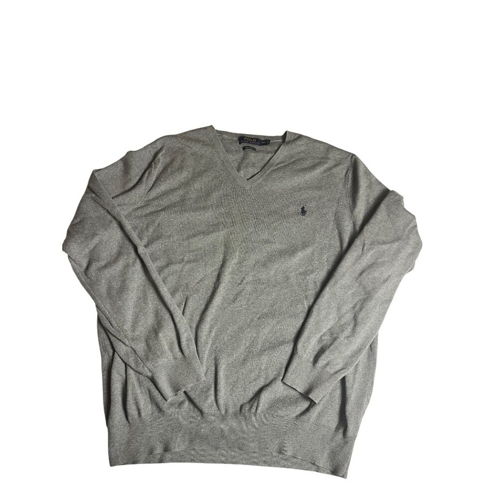 Polo Ralph Lauren Mens XXL V-Neck Sweater Gray Pima Cotton Embroidered Logo